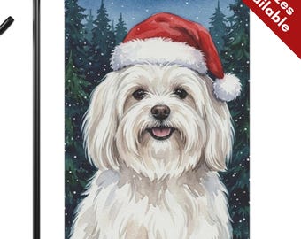 Maltese Christmas Garden Flag, Santa Hat Coton de Tulear House Flag, Watercolor White Maltese Dog Mom Gift, Bichon Frise Winter Garden Decor