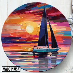 Sailboat Summer Dinner Plate Dinnerware Outdoor Dishwasher Safe, Boat Lake House Sunset, Sailing Boat, Nautical Home Coastal Kitchen Gift