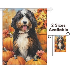 May include: A garden flag featuring a Bernedoodle dog surrounded by pumpkins and sunflowers. The dog has black, brown, and white fur, with its tongue sticking out. The flag has the text "2 Sizes Available".