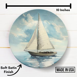 Blue Sailboat Plate Nautical Home Coastal Kitchen, Dinnerware Outdoor Dishwasher Safe, Sea Ocean Tall Ship Sailing Boat, Lake House Gift
