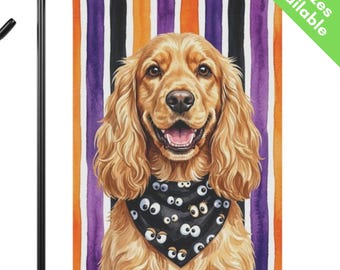English Cocker Spaniel Halloween Garden Flag, Googly Eye Golden Cocker House Flag, Cocker Spaniel Dog Mom Gift, Spooky Fall Yard Art