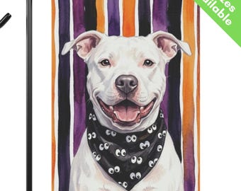 White Pitbull Halloween Garden Flag, Cute Googly Eye White Pit Bull House Flag, Pitbull Dog Mom Gift, Fall Stripes White Pittie Yard Art