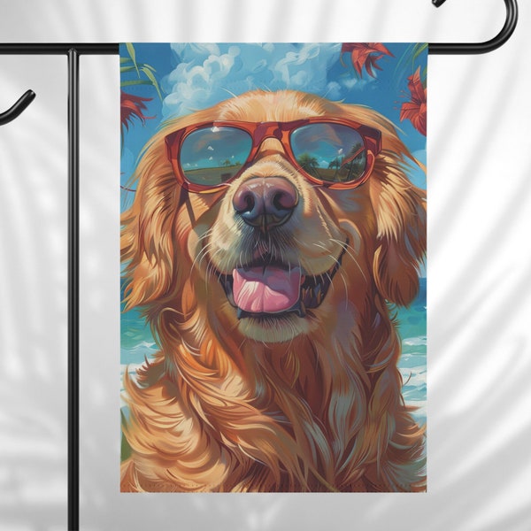 Summer Golden Retriever Summer Garden Flag, Tropical Beach Cool Golden Retriever in Sunglasses Spring Break Yard Decor, Golden Dog Mom Gift