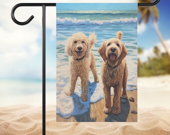 Verano múltiples perros Goldendoodle bandera de playa / par de negro bronceado Goldendoodle Labradoodle / regalo de bandera de jardín soleado para dos mamás de perros garabatos