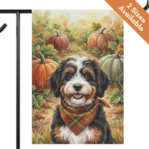 Bernedoodle Thanksgiving Pumpkin Flag, Fall Sheepadoodle Garden Flag, Autumn House Flag, Mini Black Brown Doodle Dog Mom Gift, Aussiedoodle