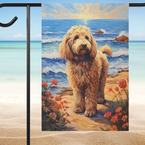 Summer Tan Goldendoodle Beach Flag | Apricot Labradoodle Garden Flag Gift | Sunny Garden Flag Gift for Gardeners | Gift for Doodle Dog Moms