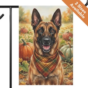May include: A rectangular garden flag featuring a portrait of a brown and black German Shepherd dog wearing a plaid bandana. The dog is centered against a background of orange and green pumpkins, autumn leaves, and vines. The text 2 Sizes Available.