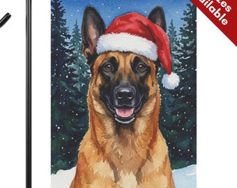 Belgian Malinois Christmas Garden Flag, Santa Hat Mal Dog House Flag, Watercolor Fawn Black Mask Dog Mom Gift, Snowy Winter Porch Yard Decor
