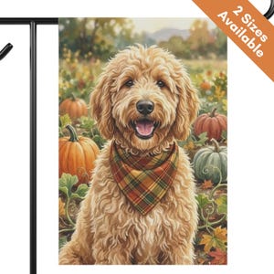 May include: A rectangular garden flag featuring a golden-colored curly-haired dog wearing a plaid bandana. The dog is positioned in a pumpkin patch with orange and green pumpkins scattered on the ground. The scene is set against a soft autumn landscape.
