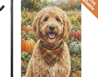 Tan Goldendoodle Thanksgiving Pumpkin Flag, Fall Labradoodle Garden Flag, Autumn House Flag, Tan Doodle Dog Mom Gift, Pumpkin Patch Art