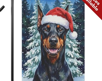 Doberman Pinscher Christmas Garden Flag, Santa Hat Pointy Ear Dobie House Flag, Watercolor Black Tan Dog Mom Gift, Snowy Winter Garden Decor