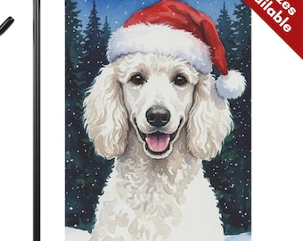 White Poodle Christmas Garden Flag, Santa Hat Standard Poodle House Flag, Watercolor White Cream Dog Mom Gift, Snowy Winter Porch Yard Decor