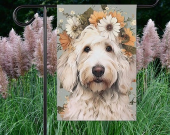 White Goldendoodle Wearing a Flower Crown Garden Flag | White Labradoodle Floral Crown Yard Art | Cute Dog Art Gift for Doodle Mom Birthday
