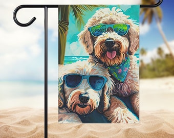 Summer Pair of Tan Goldendoodles Beach Flag | Two Labradoodles Garden Flag Gift |  2 Dog Garden Flag Gift  | Gift for Multiple Doodles Moms
