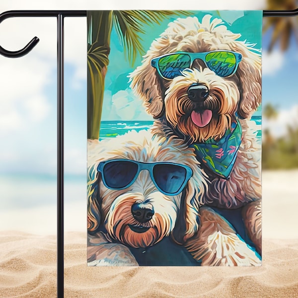 Summer Pair of Tan Goldendoodles Beach Flag | Two Labradoodles Garden Flag Gift |  2 Dog Garden Flag Gift  | Gift for Multiple Doodles Moms