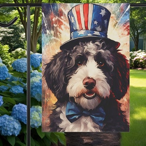 Sheepadoodle 4th of July Garden Flag | Patriotic Sheepadoodle Yard Art with Fireworks | Summer Dog Mom Gift OES Bernedoodle | Celebration