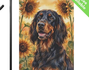 Bandera de jardín Gordon Setter Sunflower, bandera de casa Setter negra y marrón otoñal, regalo para amantes de los perros Setter, decoración de jardín de fin de verano y otoño.