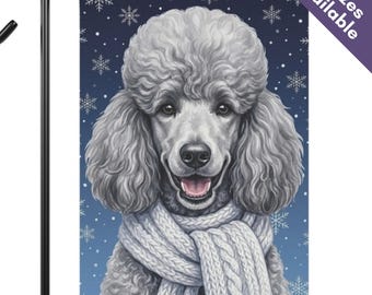 Silver Poodle Winter Snowflake Garden Flag, Cozy Scarf Gray Standard Poodle House Flag, Silver Gray Dog Mom Gift, Christmas Holiday Yard Art