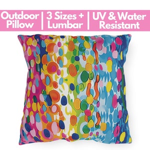Colorful Outdoor Pillow, Abstract Summer Patio, Vibrant Artsy Rainbow Throw Pillow, UV Water Resistant, Lumbar Accent Pillow for Porch Boat