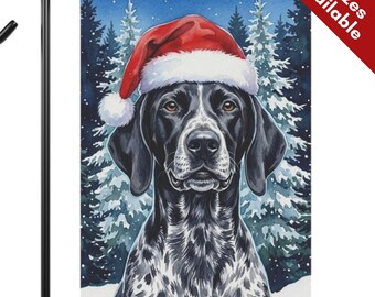 German Shorthaired Pointer Christmas Garden Flag, Santa Hat Black White GSP House Flag, Watercolor Black Dog Mom Gift, Snowy Winter Yard Art