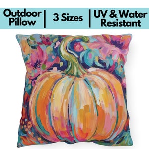 Colorful Pumpkin Pillow, Autumn Outdoor Throw Pillow UV Water Resistant Porch Decor, Pink and Orange Painted Pumpkin Fall Patio Pillow Decor