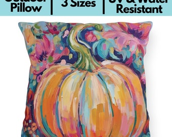 Colorful Pumpkin Pillow, Autumn Outdoor Throw Pillow UV Water Resistant Porch Decor, Pink and Orange Painted Pumpkin Fall Patio Pillow Decor