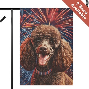 Brown Poodle 4th of July Garden Flag, Patriotic Chocolate Poodle House Banner, Standard Poodle Dog Mom Gift, New Years Fireworks Yard Art