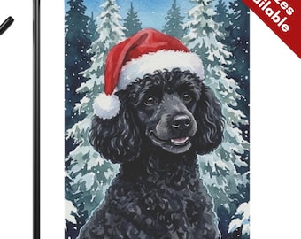 Black Toy Poodle Christmas Garden Flag, Santa Hat Mini Poodle House Flag, Watercolor Black Dog Mom Gift, Mini Doodle Winter Porch Yard Decor