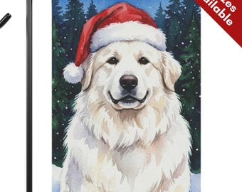 Great Pyrenees Christmas Garden Flag, Santa Hat Great Pyr Dog House Flag, Watercolor White Coat Dog Mom Gift, Snowy Winter Porch Yard Decor