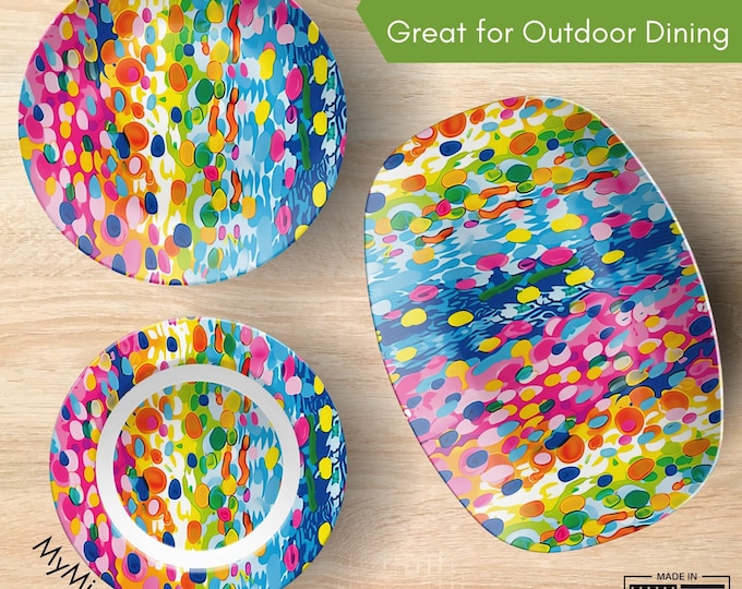 Colorful Summer Dinner Plate Dinnerware, Outdoor Dishwasher Safe, Rainbow Abstract Brushstroke Party Platter Cereal Bowl Kitchen Gift Decor