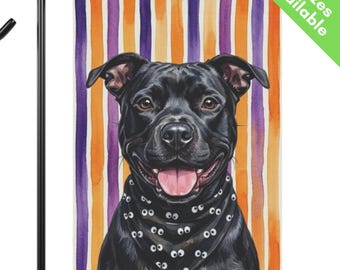 Black Pitbull Halloween Garden Flag, Cute Googly Eye Black Pit Bull House Flag, Pitbull Dog Mom Gift, Fall Stripes Black Pittie Yard Art