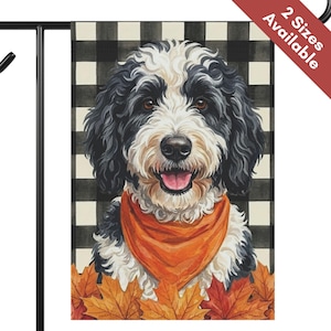 Sheepadoodle Fall Garden Flag, Autumn Bernedoodle House Flag, Black White Doodle Dog Mom Gift, Aussiedoodle Thanksgiving Fall Yard Art Gift
