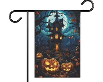 Spooky Abandoned House Halloween Flag | Halloween Garden Flag with Pumpkin Jackolanterns | Halloween Balcony Decor Gift for Spooky Lover
