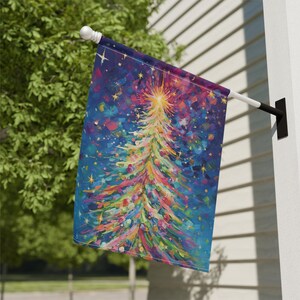 Colorful Christmas Tree Garden Flag Gift, Pastel Pink Multicolor Outdoor Christmas House Flag, Merry and Bright Rainbow Holiday Flag Decor image 2