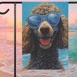 Summer Standard Chocolate Poodle Garden Flag | Cafe Brown Poodle Wearing Sunglasses | Tropical Beach Yard Flag | Poodle Dog Mom Gift for Her