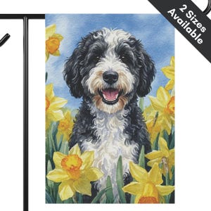 May include: A garden flag featuring a smiling Bernedoodle dog surrounded by yellow daffodils. The dog has black and white fur with a tan muzzle. The background is a light blue sky. Text on the flag reads "2 Sizes Available".