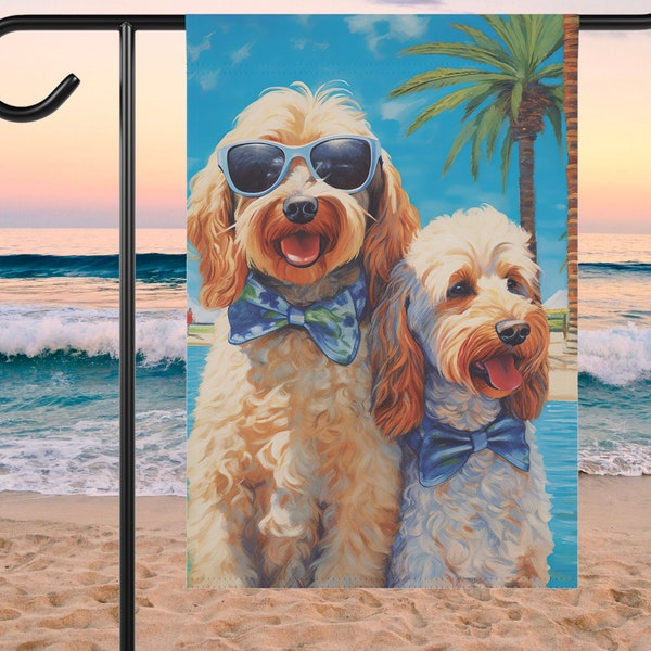 Summer Pair of Tan Goldendoodles Beach Flag | Two Labradoodles Garden Flag Gift |  2 Dog Garden Flag Gift  | Gift for Multiple Doodles Moms