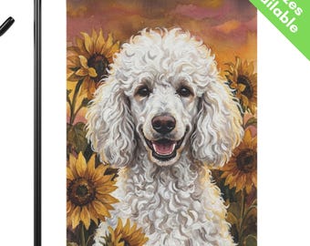 Bandera de jardín de girasoles con caniche blanco, bandera de casa de caniche estándar de otoño, regalo para mamás de perros caniche, caniche crema de fin de verano