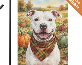White Pitbull Thanksgiving Pumpkin Flag, Fall Pitbull Garden Flag, Autumn House Flag, Pitbull Dog Mom Gift, Pumpkin Patch Yard Art