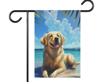 May include: A garden flag featuring a Golden Retriever dog on a beach. The dog is lying down with its tongue out, against a backdrop of blue sky, clouds, and ocean. The flag is mounted on a black metal stand.