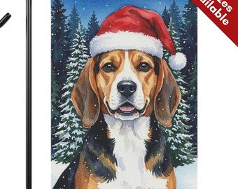 Beagle Christmas Garden Flag, Santa Hat Tricolor Beagle House Flag, Watercolor Tri Color Dog Mom Gift, Snowy Winter Outdoor Porch Yard Decor