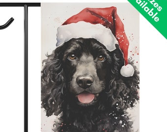 Regalo de la bandera del jardín de Navidad del caniche negro, decoración del césped de la bandera de la casa del caniche negro del sombrero de Papá Noel, bandera del porche de vacaciones del caniche estándar, mamá del caniche de invierno