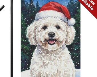 Bolognese Dog Christmas Garden Flag, Santa Hat Coton de Tulear House Flag, Watercolor Small White Dog Mom Gift, Bichon Frise Winter Yard Art