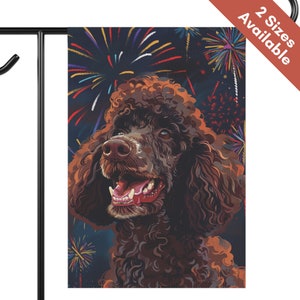 Brown Poodle 4th of July Garden Flag, Patriotic Chocolate Poodle House Banner, Standard Poodle Dog Mom Gift, New Years Fireworks Yard Art