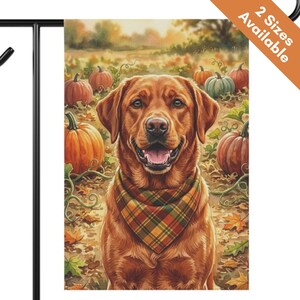 May include: A rectangular garden flag featuring a golden-brown dog wearing a plaid bandana in a pumpkin patch. The dog has a happy expression with an open mouth. The background shows orange and green pumpkins on the ground with autumn leaves.