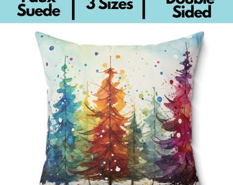 Almohada colorida del árbol de Navidad, almohada cuadrada de ante falso con inserto, almohada de acento navideño feliz y brillante con pasteles y rosa