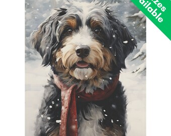 Winter Bernedoodle Garden Flag Gift, Scarf Wearing Tri Color Brown Black Aussiedoodle House Flag Holiday Lawn Decor, Doodle Dog Mom Dad