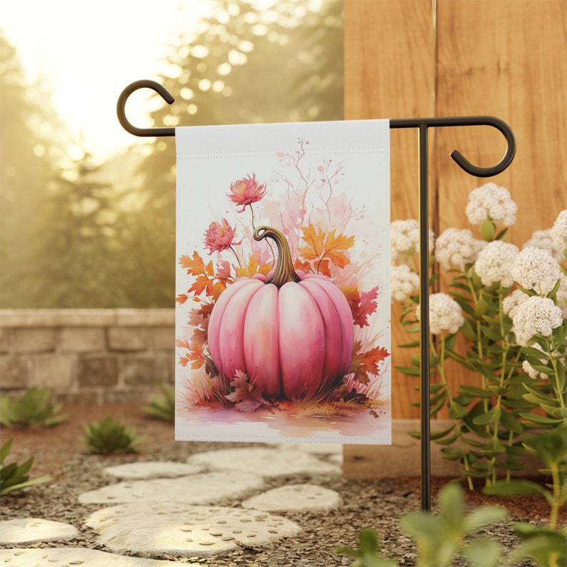 Bandera de jardín con calabaza rosa de otoño, regalo / Bandera de casa de cosecha / Regalo para anfitriona de Acción de Gracias de otoño / Decoración rosa de otoño para Acción de Gracias y Halloween imagen 3