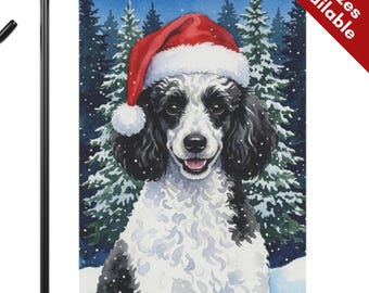 Parti Toy Poodle Christmas Garden Flag, Santa Hat Mini Poodle House Flag, Watercolor White Black Dog Mom Gift, Mini Doodle Winter Yard Decor