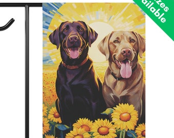 Pair of Labrador Retrievers Garden Flag, Chocolate Brown Lab and Yellow Lab Dog in Sunflower Field, 2 Labrador Retriever Dog Mom House Flag